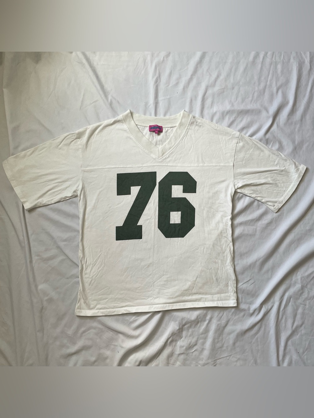Vintage White V-Neck Shirt with Green '76' Graphic Clean 100% Cotton